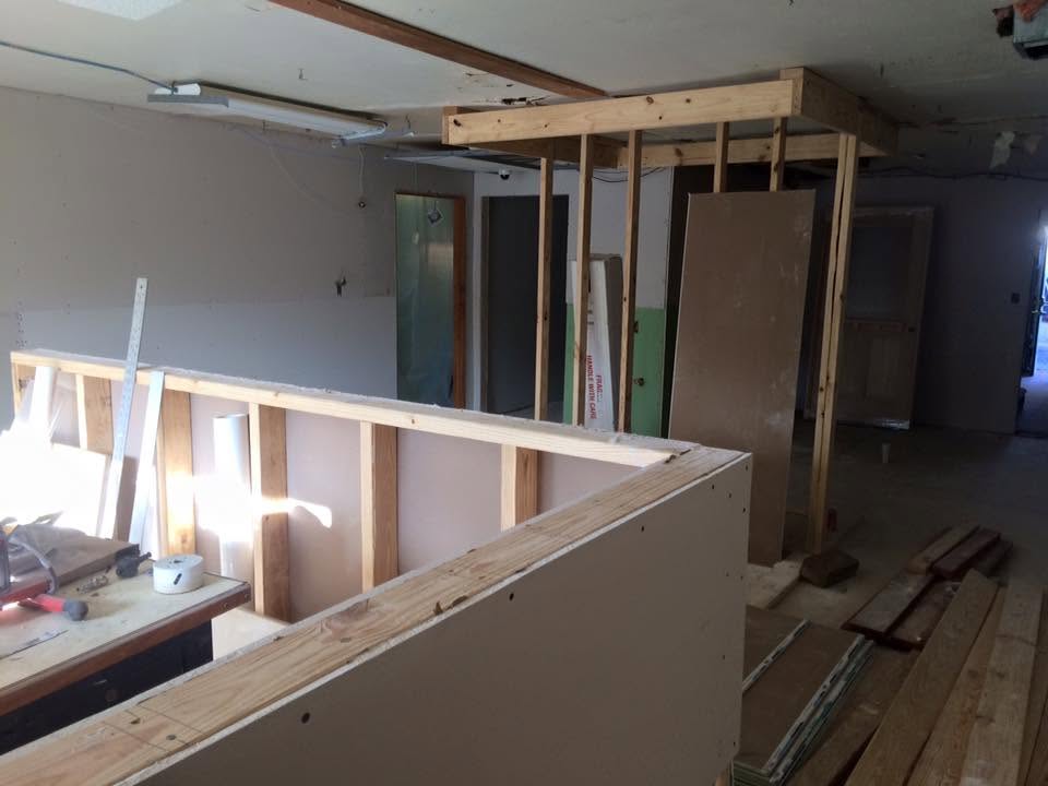 Bathroom remodel framing prepared for plumbing work