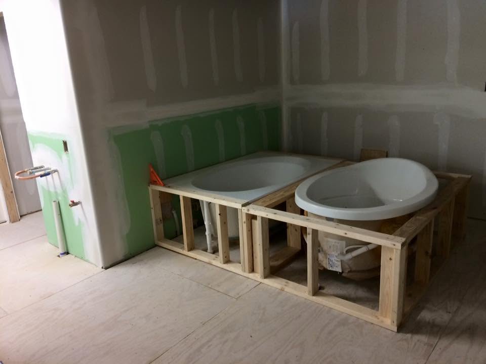 Bathtub plumbing rough-in during a bathroom remodel